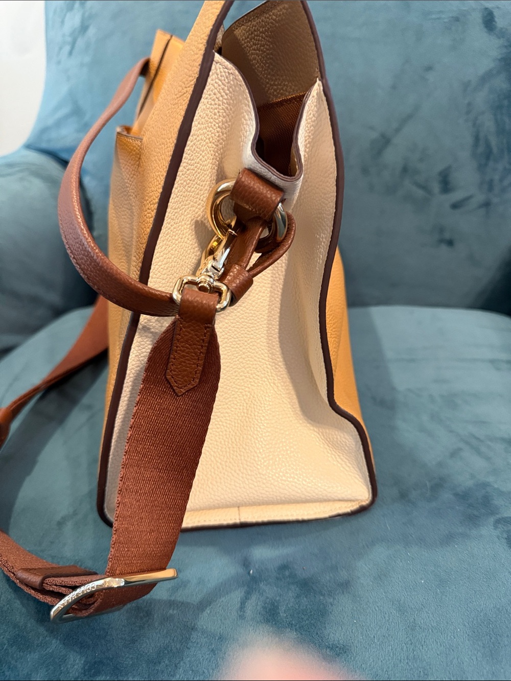 Cole Haan Pebbled Leather Shoulder Bag in Mustard Yellow with Brown Strap - Picture 2 of 7
